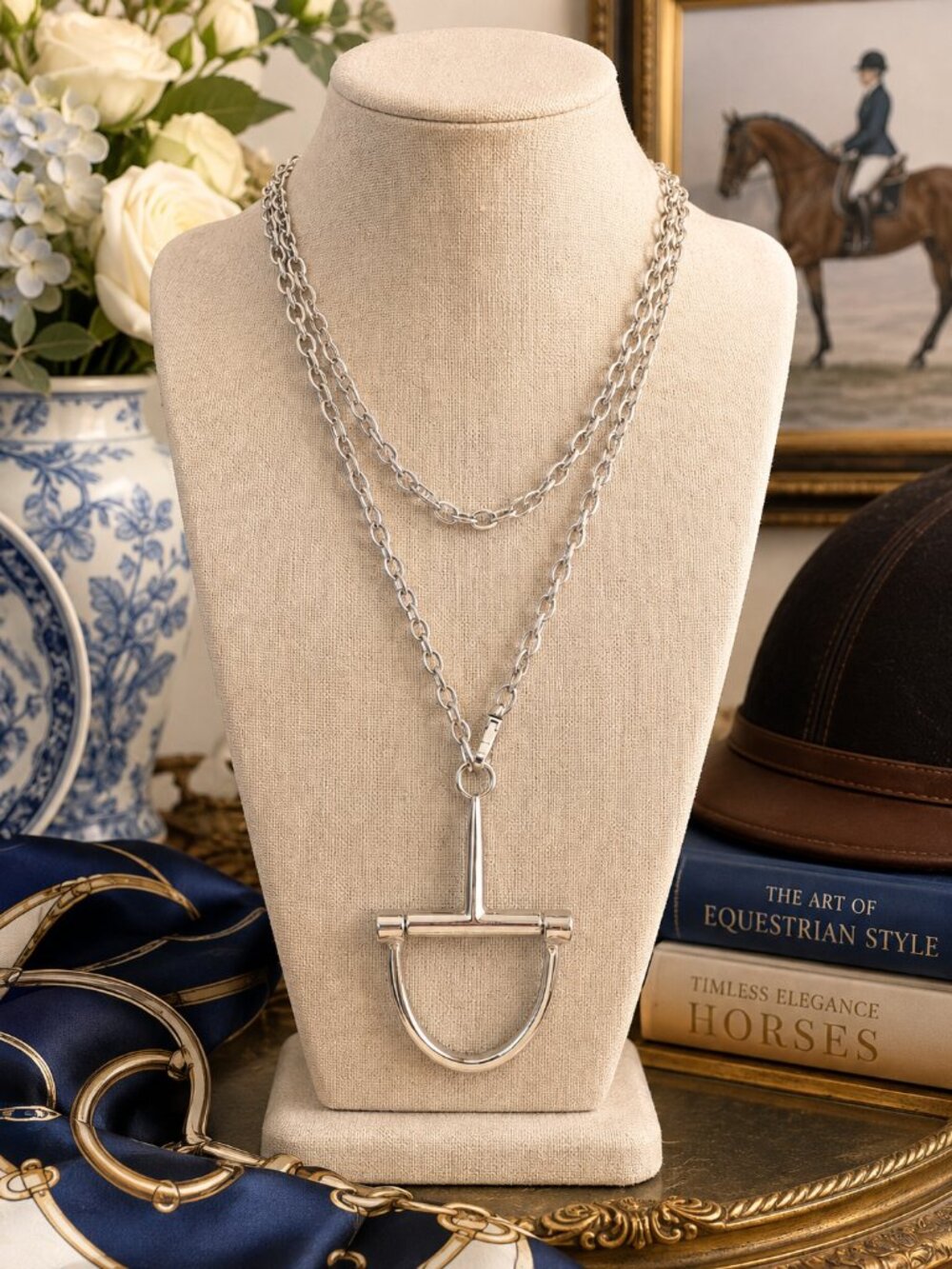 Silver Equestrian Stirrup Necklace, Layered Horse Lover Necklace, Silver Horse J
